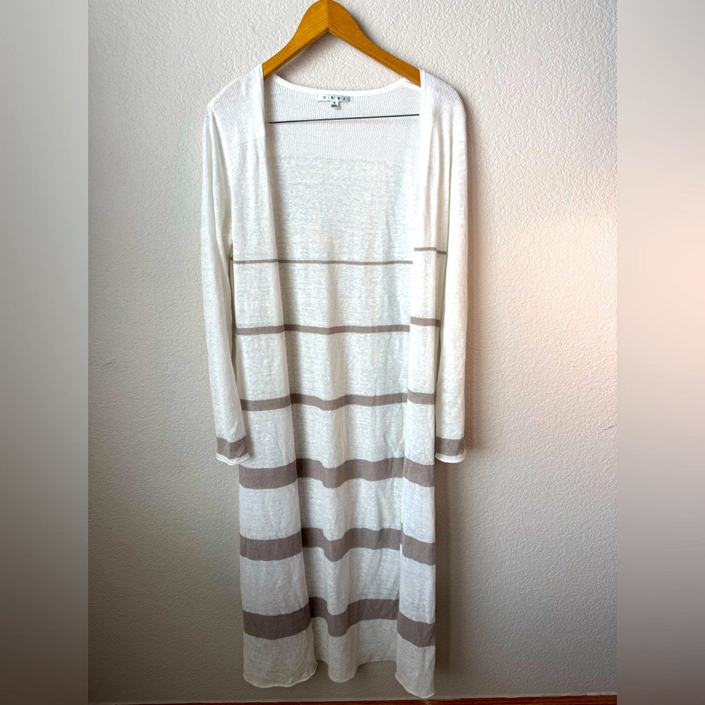 CABI Bon Voyage Riviera Long Duster Sweater Taupe White Linen Cardigan SMALL